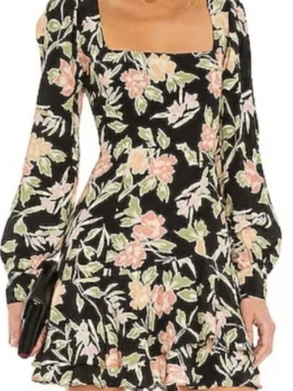 Yum Kim Jude Dress Floral Square-Neck Black Mini Dress with Pink & Green Accents